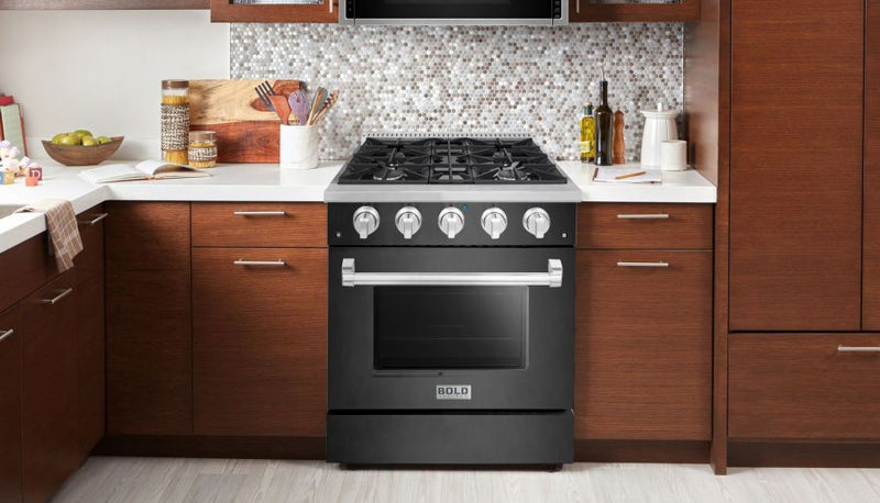Hallman 30 In. Range with Gas Burners and Electric Oven, Black Titanium with Chrome Trim - Bold Series, HBRDF30CMBT