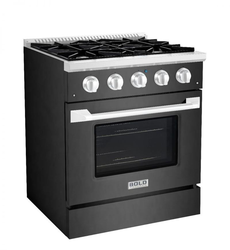 Hallman 30 In. Range with Propane Gas Burners and Electric Oven, Black Titanium with Chrome Trim - Bold Series, HBRDF30CMBT-LP
