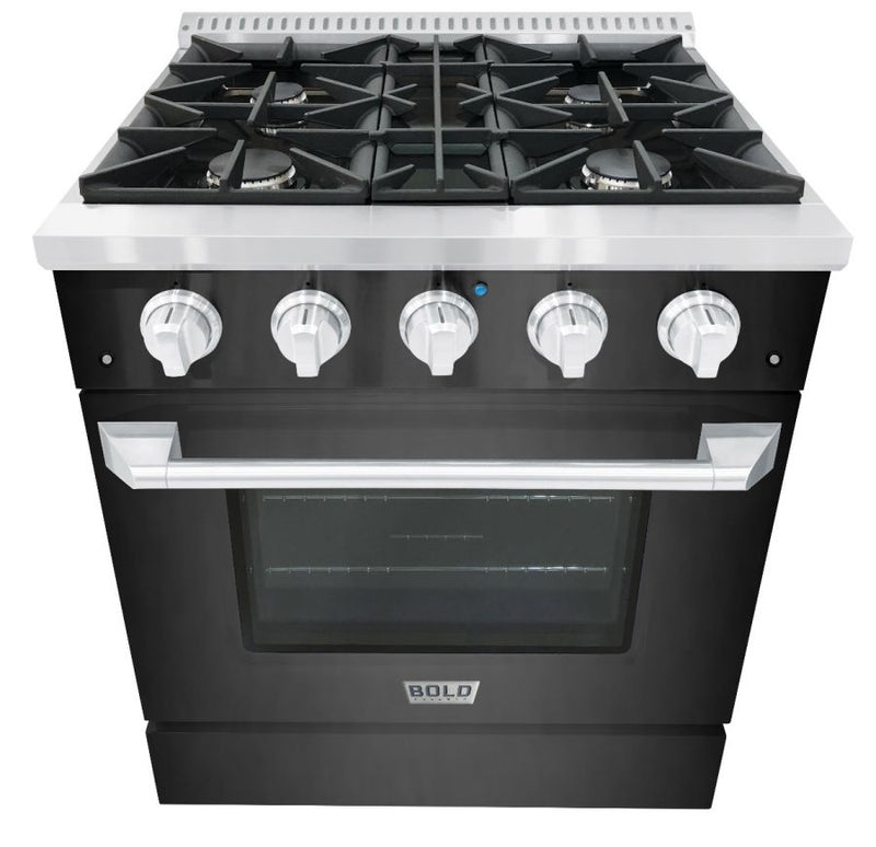 Hallman 30 In. Range with Propane Gas Burners and Electric Oven, Black Titanium with Chrome Trim - Bold Series, HBRDF30CMBT-LP