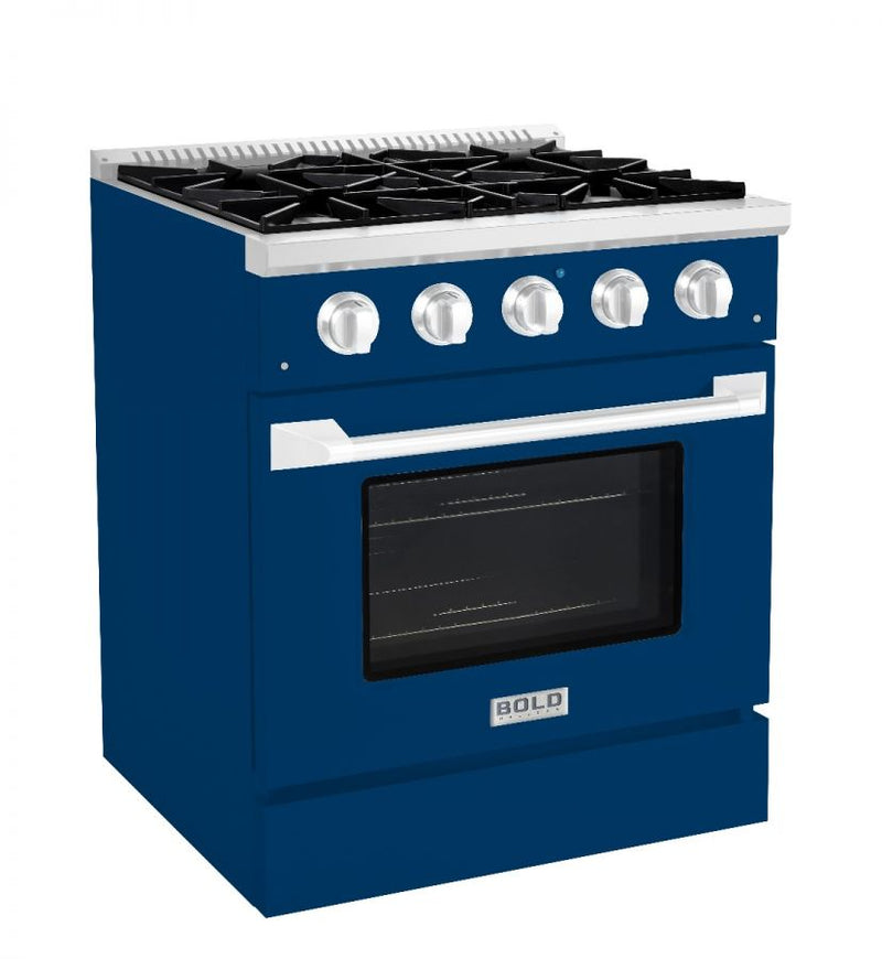 Hallman 30 In. Range with Gas Burners and Electric Oven, Blue with Chrome Trim - Bold Series, HBRDF30CMBU