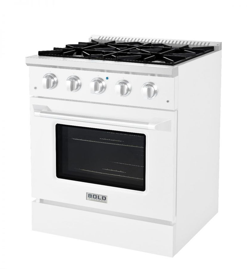 Hallman 30 In. Range with Gas Burners and Electric Oven, White with Chrome Trim - Bold Series, HBRDF30CMWT