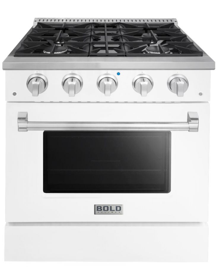 Hallman 30 In. Range with Propane Gas Burners and Electric Oven, White with Chrome Trim - Bold Series, HBRDF30CMWT-LP