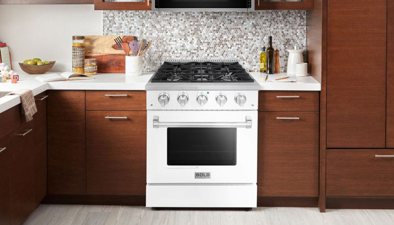 Hallman 30 In. Range with Propane Gas Burners and Electric Oven, White with Chrome Trim - Bold Series, HBRDF30CMWT-LP