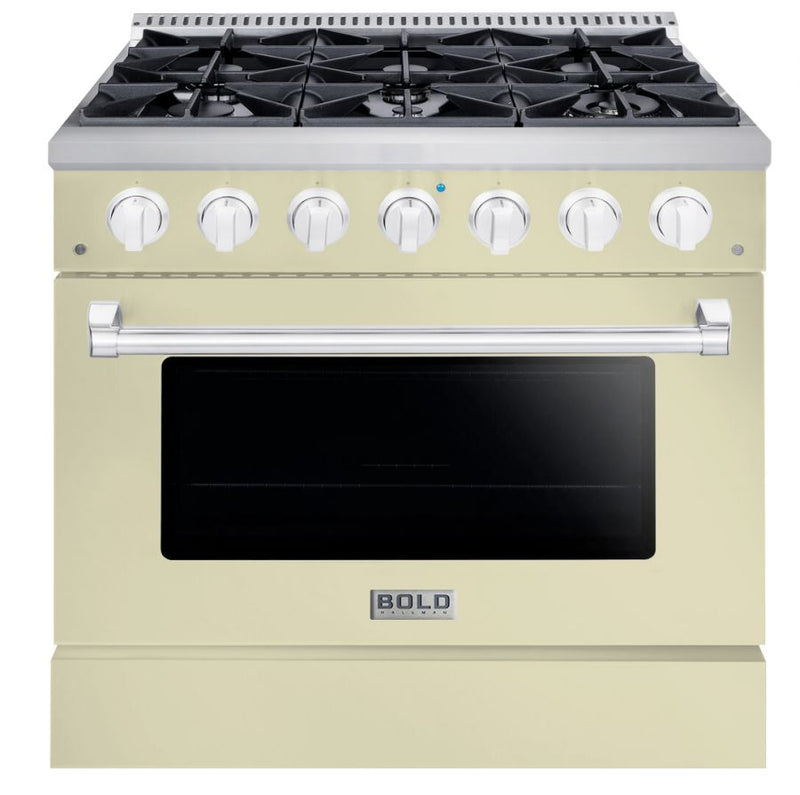Hallman 36 In. Range with Gas Burners and Electric Oven, Antique White with Chrome Trim - Bold Series, HBRDF36CMAW