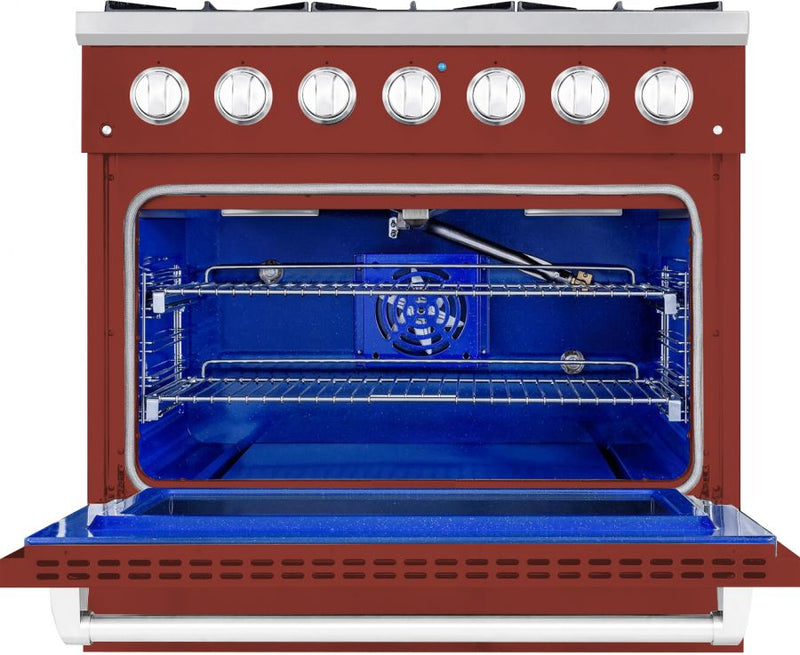 Hallman 36 In. Range with Gas Burners and Electric Oven, Burgundy with Chrome Trim - Bold Series, HBRDF36CMBG