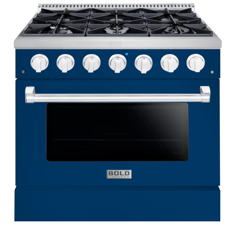 Hallman 36 In. Range with Gas Burners and Electric Oven, Blue with Chrome Trim - Bold Series, HBRDF36CMBU