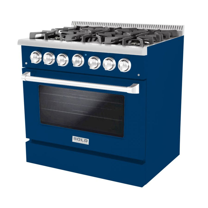 Hallman 36 In. Range with Gas Burners and Electric Oven, Blue with Chrome Trim - Bold Series, HBRDF36CMBU