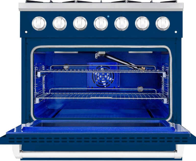 Hallman 36 In. Range with Propane Gas Burners and Electric Oven, Blue with Chrome Trim - Bold Series, HBRDF36CMBU-LP