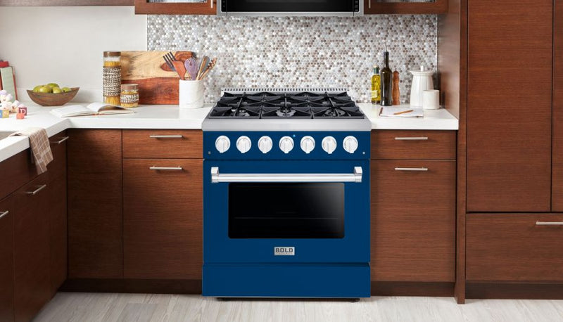 Hallman 36 In. Range with Propane Gas Burners and Electric Oven, Blue with Chrome Trim - Bold Series, HBRDF36CMBU-LP