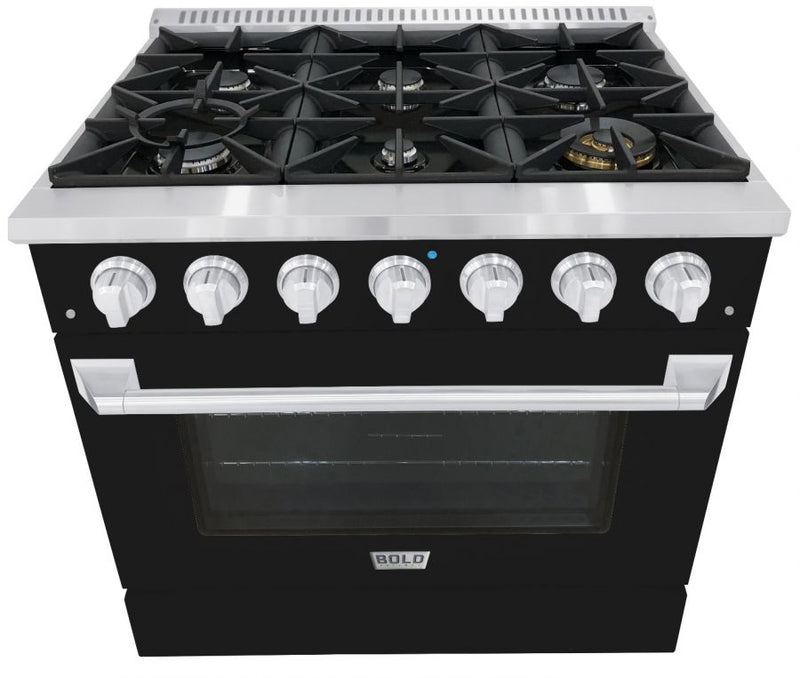 Hallman 36 In. Range with Propane Gas Burners and Electric Oven, Glossy Black with Chrome Trim - Bold Series, HBRDF36CMGB-LP