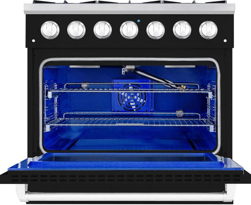 Hallman 36 In. Range with Propane Gas Burners and Electric Oven, Glossy Black with Chrome Trim - Bold Series, HBRDF36CMGB-LP