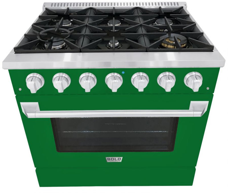 Hallman 36 In. Range with Gas Burners and Electric Oven, Emerald Green with Chrome Trim - Bold Series, HBRDF36CMGN