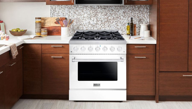 Hallman 36 In. Range with Gas Burners and Electric Oven, White with Chrome Trim - Bold Series, HBRDF36CMWT