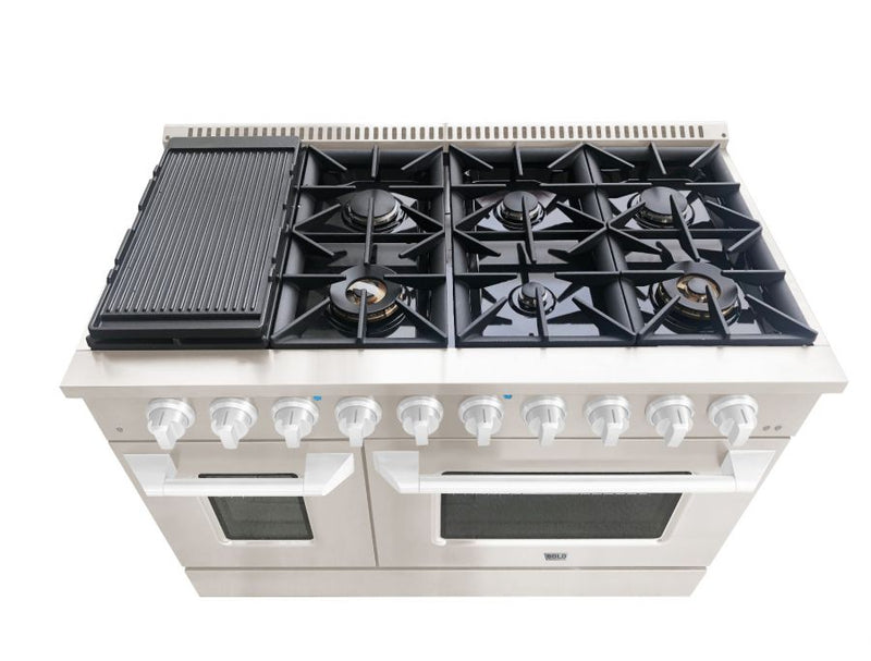 Hallman 48 In. Range with Propane Gas Burners and Electric Oven, Stainless Steel with Chrome Trim - Bold Series, HBRDF48CMSS-LP