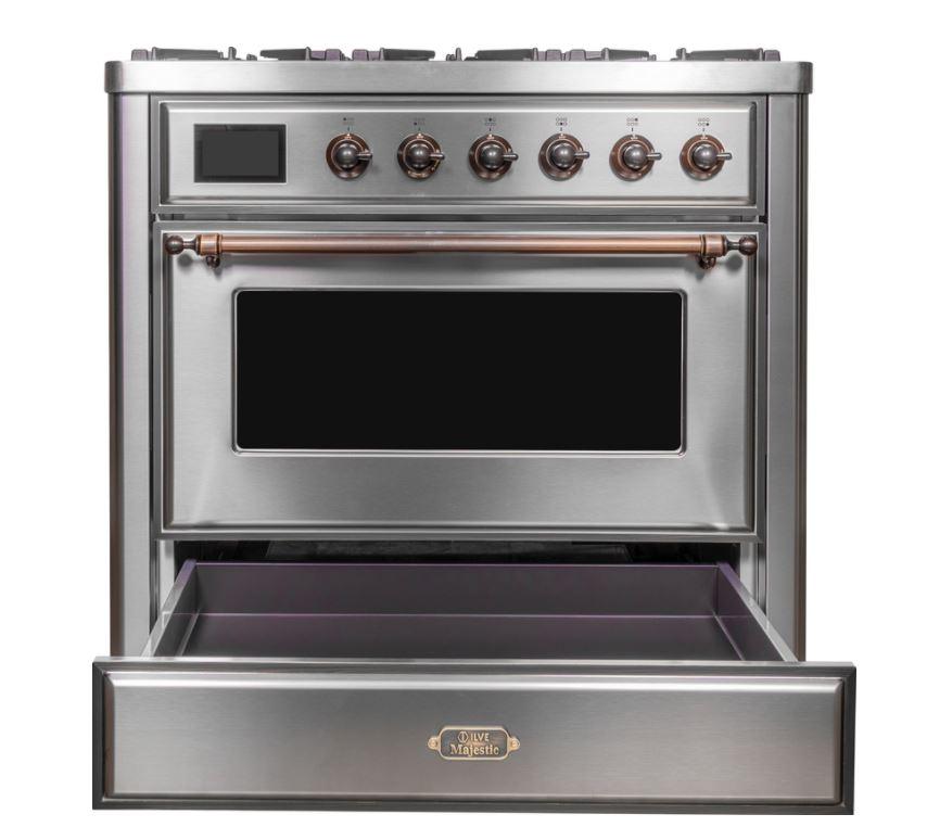 ILVE 36 Inch Majestic II Series Dual Fuel Natural Gas Range with 6 Burners and Griddle with 3.5 cu. ft. Oven Capacity TFT Oven Control Display UM09FDNS3