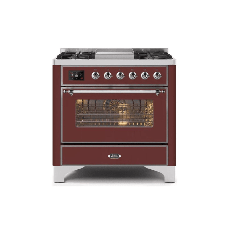 ILVE 36 Inch Majestic II Series Dual Fuel Natural Gas Range with 6 Burners and Griddle with 3.5 cu. ft. Oven Capacity TFT Oven Control Display UM09FDNS3
