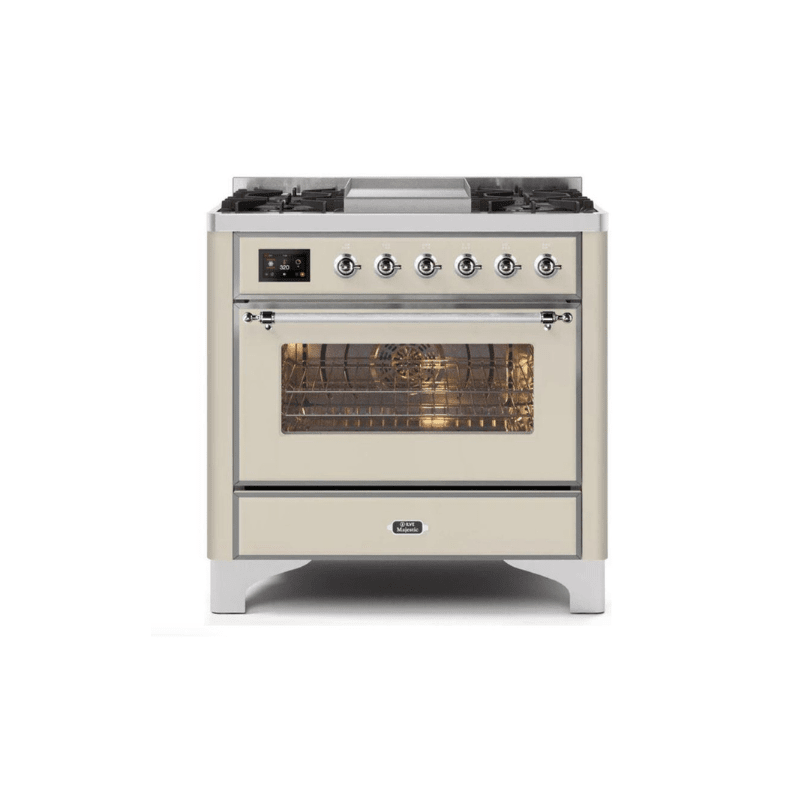 ILVE 36 Inch Majestic II Series Dual Fuel Natural Gas Range with 6 Burners and Griddle with 3.5 cu. ft. Oven Capacity TFT Oven Control Display UM09FDNS3