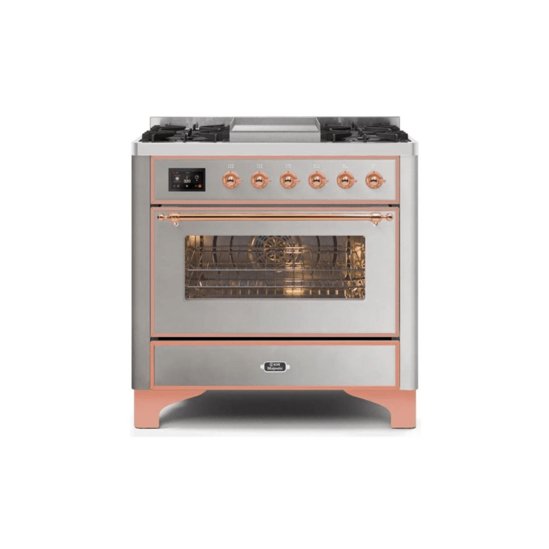 ILVE 36 Inch Majestic II Series Dual Fuel Natural Gas Range with 6 Burners and Griddle with 3.5 cu. ft. Oven Capacity TFT Oven Control Display UM09FDNS3