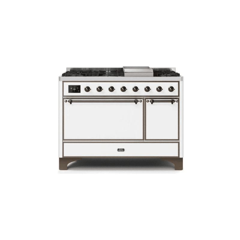 ILVE 48 Inch Majestic II Series Freestanding Dual Fuel Liquid Propane Range with 8 Sealed Brass Non Stick Coated Burners and Griddle UM12FDQNS3