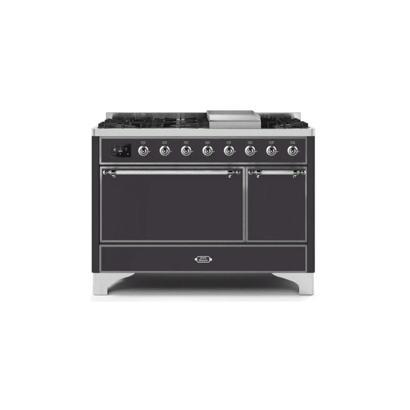 ILVE 48 Inch Majestic II Series Freestanding Dual Fuel Liquid Propane Range with 8 Sealed Brass Non Stick Coated Burners and Griddle UM12FDQNS3
