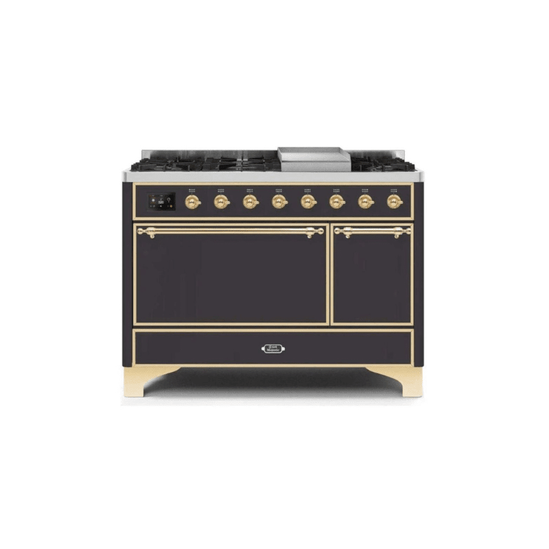 ILVE 48 Inch Majestic II Series Freestanding Dual Fuel Liquid Propane Range with 8 Sealed Brass Non Stick Coated Burners and Griddle UM12FDQNS3