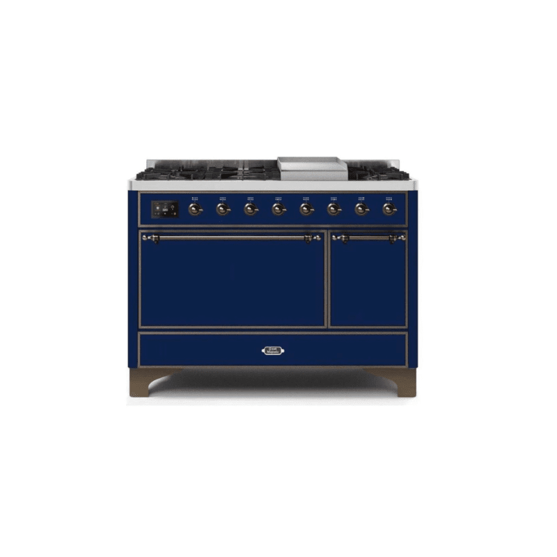 ILVE 48 Inch Majestic II Series Freestanding Dual Fuel Liquid Propane Range with 8 Sealed Brass Non Stick Coated Burners and Griddle UM12FDQNS3
