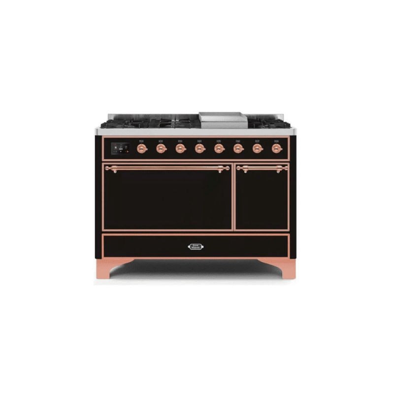 ILVE 48 Inch Majestic II Series Freestanding Dual Fuel Liquid Propane Range with 8 Sealed Brass Non Stick Coated Burners and Griddle UM12FDQNS3
