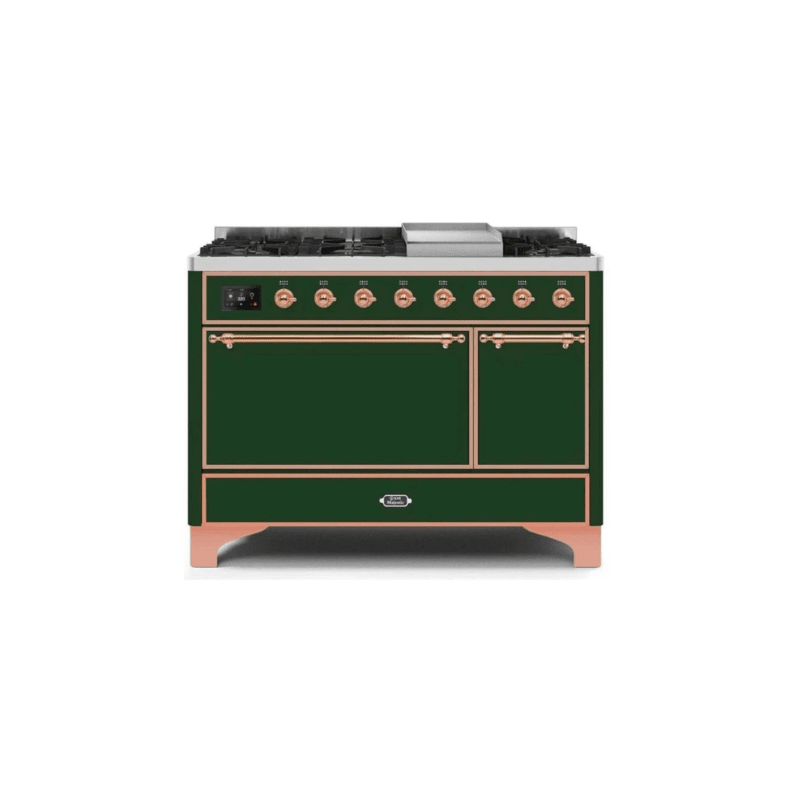 ILVE 48 Inch Majestic II Series Freestanding Dual Fuel Liquid Propane Range with 8 Sealed Brass Non Stick Coated Burners and Griddle UM12FDQNS3