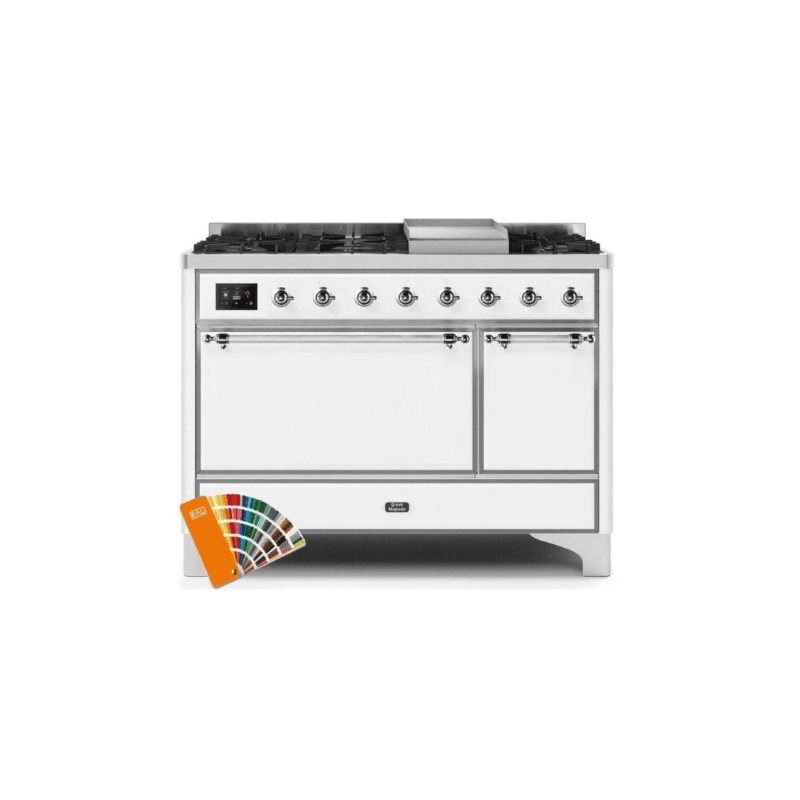 ILVE 48 Inch Majestic II Series Freestanding Dual Fuel Liquid Propane Range with 8 Sealed Brass Non Stick Coated Burners and Griddle UM12FDQNS3