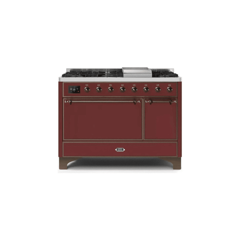ILVE 48 Inch Majestic II Series Freestanding Dual Fuel Liquid Propane Range with 8 Sealed Brass Non Stick Coated Burners and Griddle UM12FDQNS3