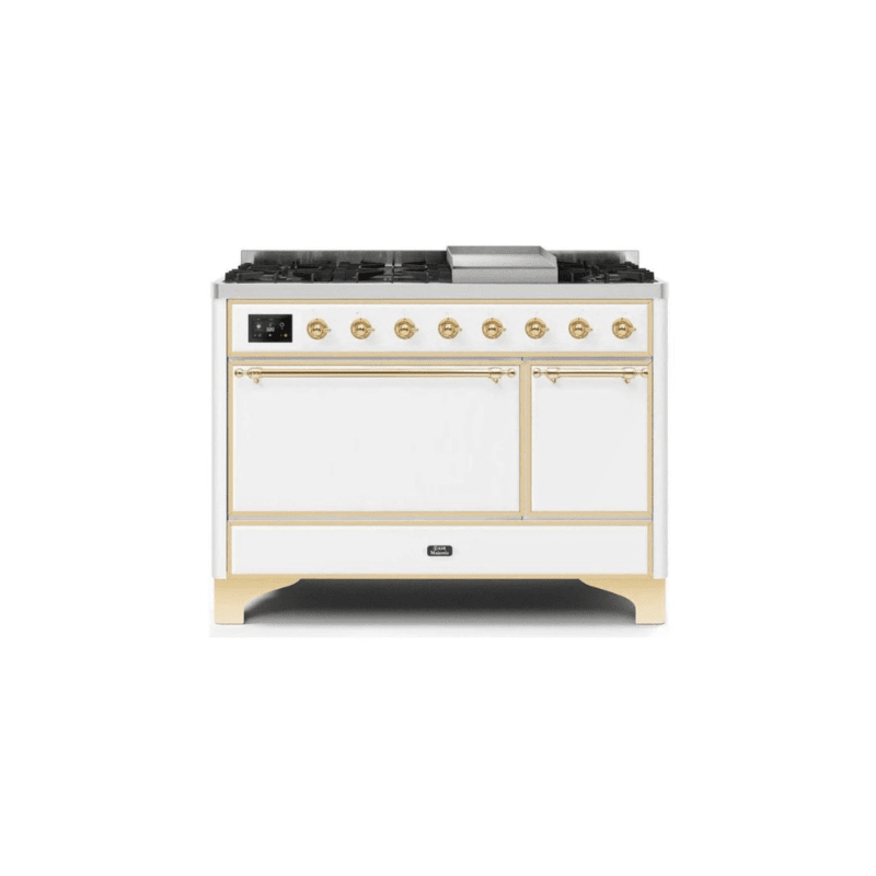 ILVE 48 Inch Majestic II Series Freestanding Dual Fuel Liquid Propane Range with 8 Sealed Brass Non Stick Coated Burners and Griddle UM12FDQNS3