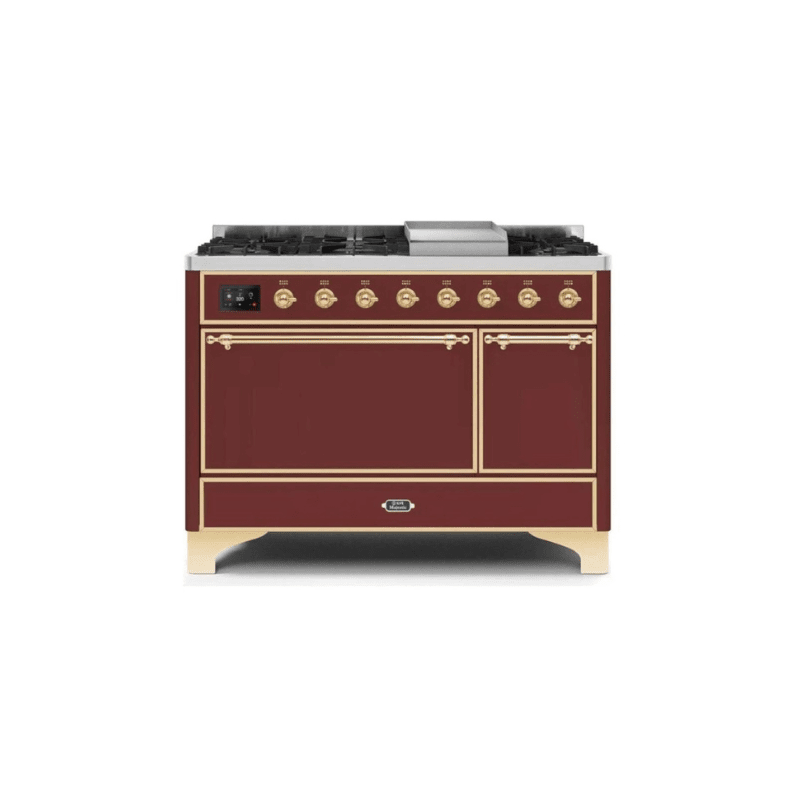 ILVE 48 Inch Majestic II Series Freestanding Dual Fuel Liquid Propane Range with 8 Sealed Brass Non Stick Coated Burners and Griddle UM12FDQNS3