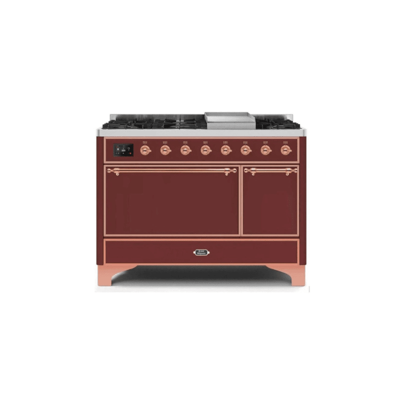 ILVE 48 Inch Majestic II Series Freestanding Dual Fuel Liquid Propane Range with 8 Sealed Brass Non Stick Coated Burners and Griddle UM12FDQNS3