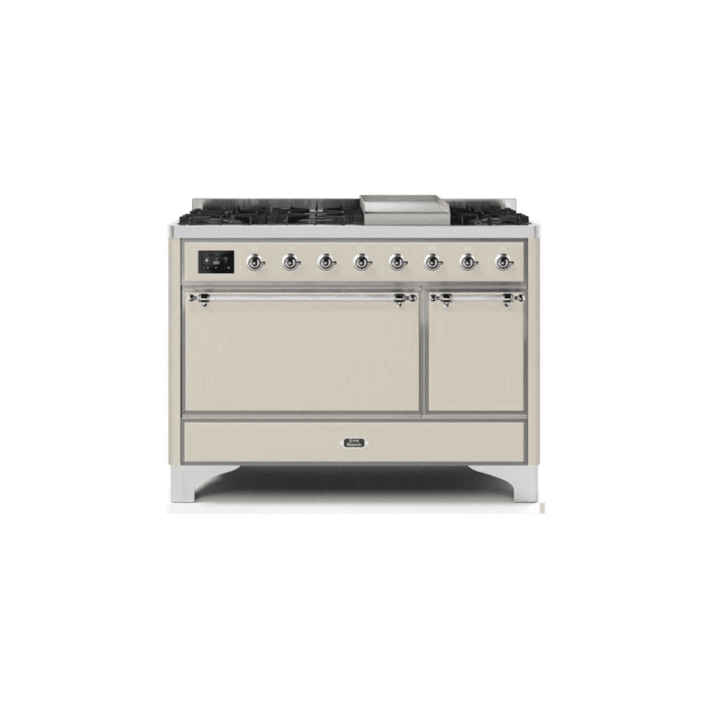 ILVE 48 Inch Majestic II Series Freestanding Dual Fuel Liquid Propane Range with 8 Sealed Brass Non Stick Coated Burners and Griddle UM12FDQNS3