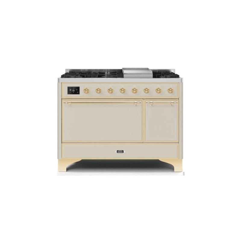ILVE 48 Inch Majestic II Series Freestanding Dual Fuel Liquid Propane Range with 8 Sealed Brass Non Stick Coated Burners and Griddle UM12FDQNS3