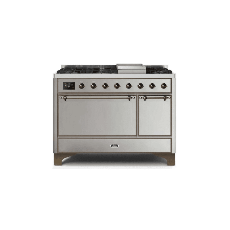 ILVE 48 Inch Majestic II Series Freestanding Dual Fuel Liquid Propane Range with 8 Sealed Brass Non Stick Coated Burners and Griddle UM12FDQNS3