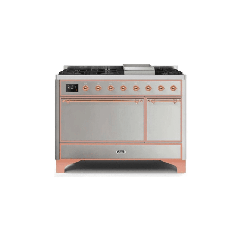 ILVE 48 Inch Majestic II Series Freestanding Dual Fuel Liquid Propane Range with 8 Sealed Brass Non Stick Coated Burners and Griddle UM12FDQNS3