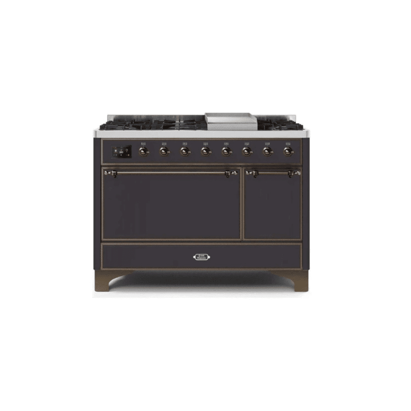 ILVE 48 Inch Majestic II Series Freestanding Dual Fuel Liquid Propane Range with 8 Sealed Brass Non Stick Coated Burners and Griddle UM12FDQNS3