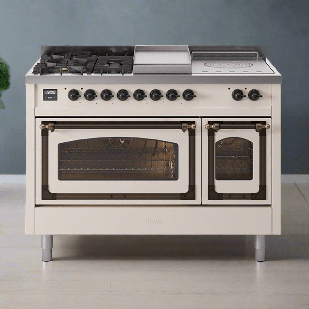 ILVE Nostalgie II Noblesse 48" Dual Fuel Freestanding Range 8 Sealed Burners + Griddle with Triple Glass Door - UN48FNMP