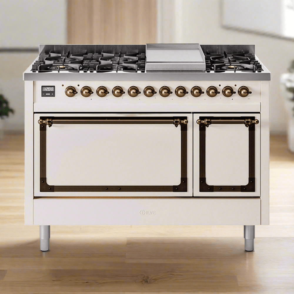 ILVE Nostalgie II Noblesse 48" Dual Fuel Freestanding Range 8 Sealed Burners + Griddle with Solid Door - UN48FQNMP