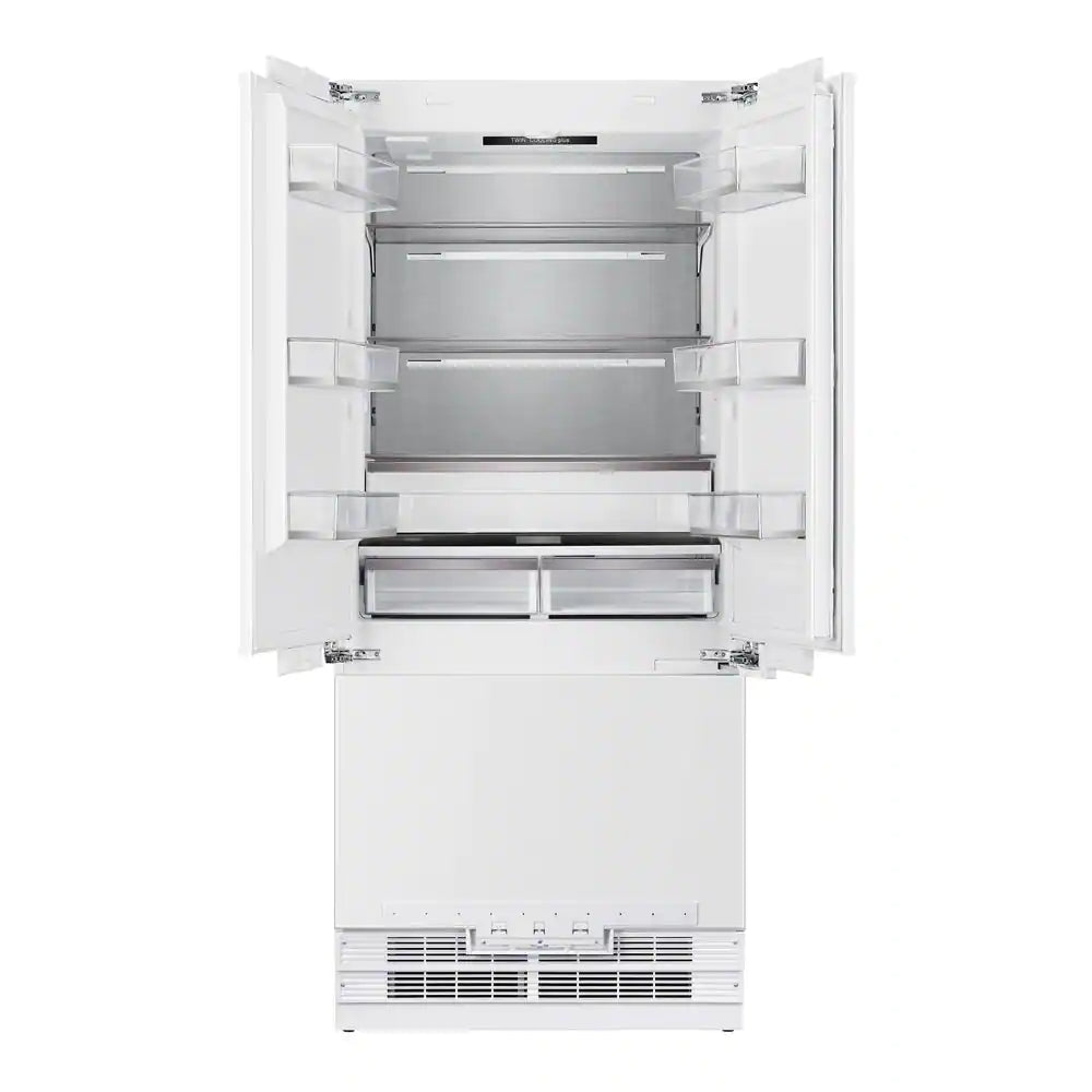 Kucht 4-Piece Appliance Package - 36-Inch Dual Range, 36-Inch Panel Ready Refrigerator, Wall Mount Hood, & Panel Ready Dishwasher