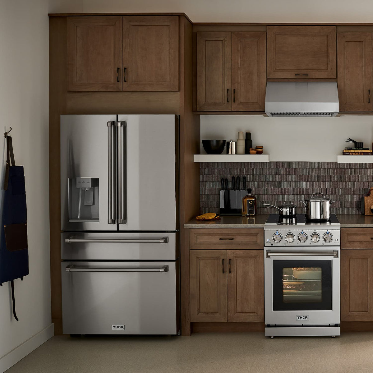 Thor Kitchen 6-Piece Appliance Package - 30-Inch Gas Range, Wall Mount Range Hood, Refrigerator with Water Dispenser, Dishwasher, Microwave, and Wine Cooler in Stainless Steel