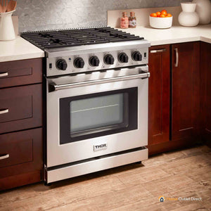 Thor Kitchen 4-Piece Appliance Package - 30-Inch Gas Range, French Door Refrigerator, Dishwasher, and Microwave Drawer in Stainless Steel