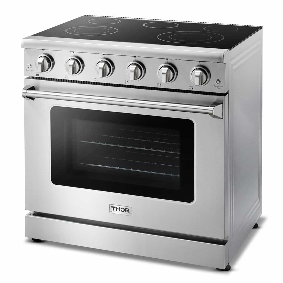 Thor Kitchen 4-Piece Appliance Package - 36-Inch Electric Range, French Door Refrigerator, Wall Mount Hood, and Dishwasher in Stainless Steel