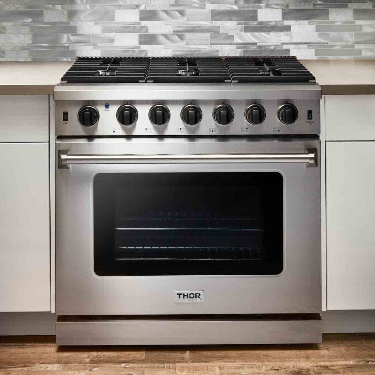 Thor Kitchen 4-Piece Appliance Package - 36-Inch Gas Range, French Door Refrigerator, Dishwasher, and Microwave Drawer in Stainless Steel