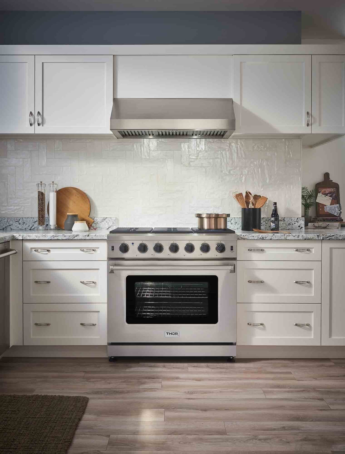 Thor Kitchen 4-Piece Appliance Package - 36-Inch Gas Range, French Door Refrigerator, Dishwasher, and Microwave Drawer in Stainless Steel