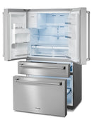 Thor Kitchen 4-Piece Appliance Package - 36-Inch Gas Range with Tilt Panel, Refrigerator with Water Dispenser, Pro-Style Wall Mount Hood, & Dishwasher in Stainless Steel