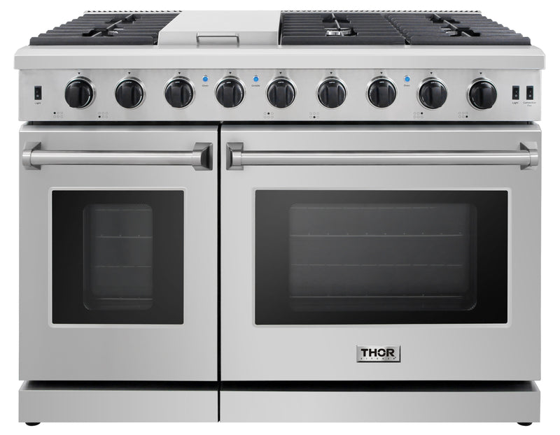 Thor Kitchen 4-Piece Appliance Package - 48-Inch Gas Range, Under Cabinet 11-Inch Tall Hood, Refrigerator with Water Dispenser, & Dishwasher in Stainless Steel