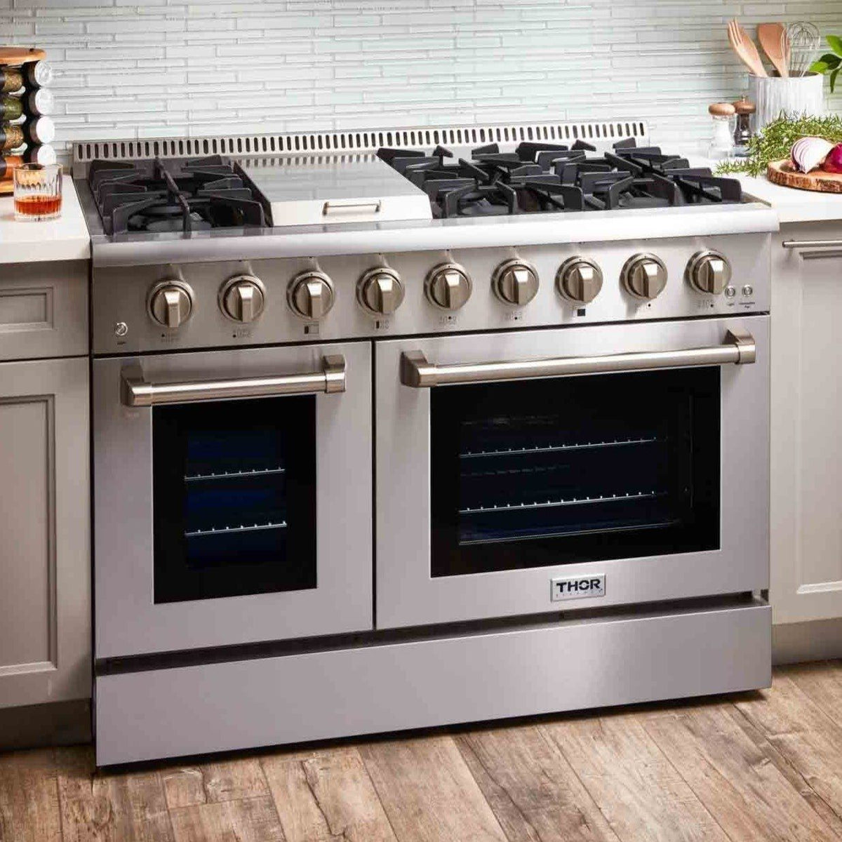 Thor Kitchen 4-Piece Pro Appliance Package - 48-Inch Gas Range, French Door Refrigerator, Dishwasher & Under Cabinet 11-Inch Tall Hood in Stainless Steel