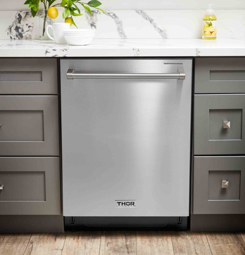 Thor Kitchen 5-Piece Appliance Package - 48-Inch Gas Range, Refrigerator with Water Dispenser, Under Cabinet 11-Inch Hood, Dishwasher, & Microwave Drawer in Stainless Steel